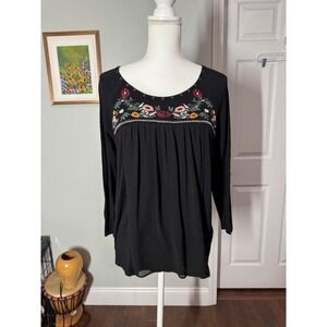 Skies Are Blue black embroidered peasant blouse, size medium
